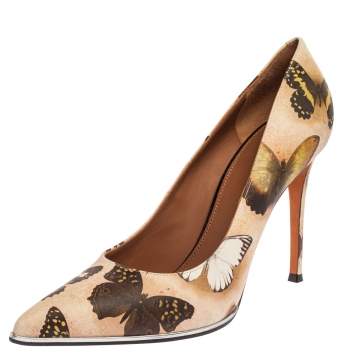 Pre Owned Givenchy Beige Satin Butterfly Printed Pointed Toe Pumps Size 40.5