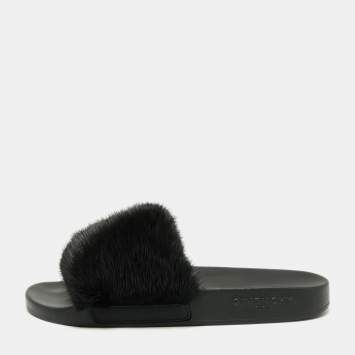 Pre Owned Givenchy Black Mink Fur Pool Slide Sandals Size 37