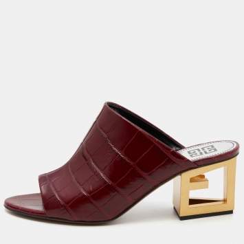 Pre Owned Givenchy Burgundy Croc Embossed Leather Triangle Mules Size 38
