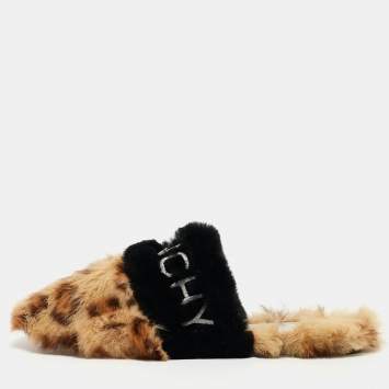 Pre Owned Givenchy Brown/Black Calf Hair Flat Slides Size 38   