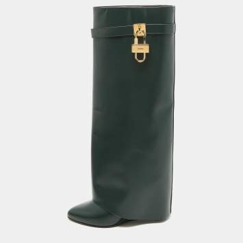 Pre Owned Givenchy Green Leather Shark Lock Wedge Knee Length Boots Size 40