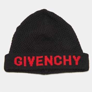 Pre Owned Givenchy Black Logo Intarsia Wool Knit Beanie 