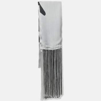 Givenchy Black Monogram Print Satin Silk Fringed Scarf 