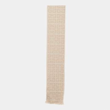Pre Owned Givenchy Beige Monogram Wool Knit Fringed Scarf