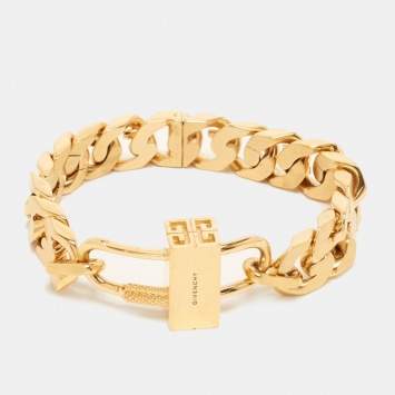 Pre Owned Givenchy G-Chain Lock Curb Link Padlock Gold Tone Bracelet 