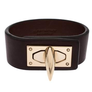 Pre Owned Givenchy Brown Leather Shark Tooth Lock Pale Gold Tone Bracelet