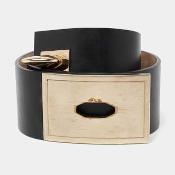 Pre Owned Givenchy Black Leather Wide Waist Buckle Belt 70CM
