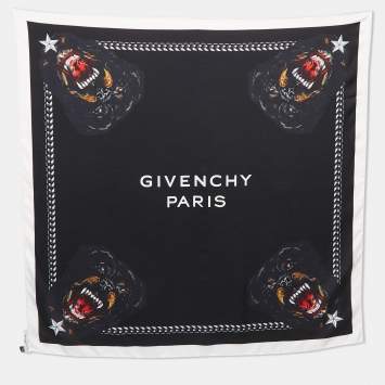 Pre Owned Givenchy Black Rottweiler Printed Silk Square Scarf