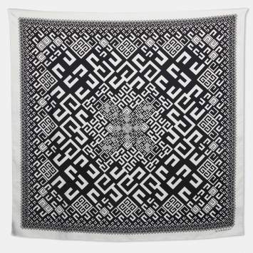 Pre Owned Givenchy Black/White Logo Print Silk Scarf