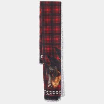 Pre Owned Givenchy Red & Black Doberman & Tartan Printed Wool Scarf