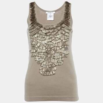Pre Owned Givenchy Greige Cotton Ruffled Detail Tank Top S