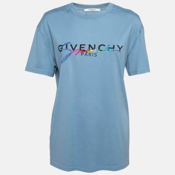 Pre Owned Givenchy Blue Signature Embroidered Cotton T-Shirt XS