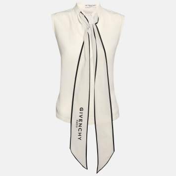 Pre Owned Givenchy Cream Silk Logo Scarf Detail Top S
