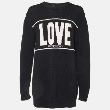 Pre Owned Givenchy Black Logo Print Cotton Knit Crew Neck Sweater M