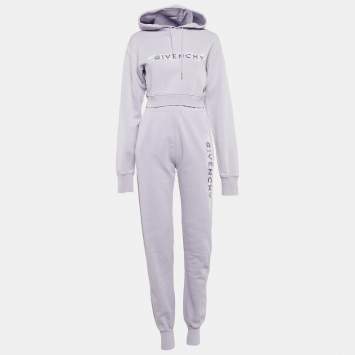 Pre Owned Givenchy Purple Barbed Wire Logo Print Crop Hoodie and Sweatpants Set S