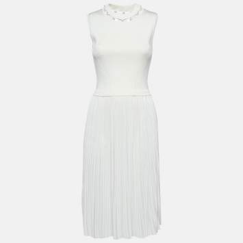 Pre Owned Givenchy Ivory Stretch Knit Pleated Midi Dress XS