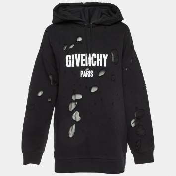 Pre Owned Givenchy Black Logo Print Cotton Distressed Hooded Sweatshirt L