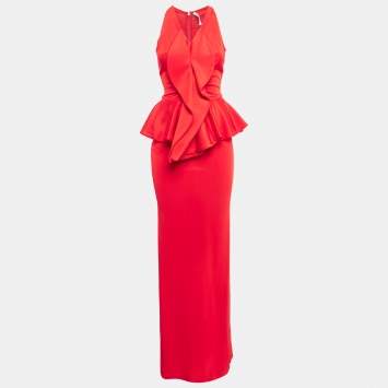 Pre Owned Givenchy Red Stretch Knit Peplum Style Gown S