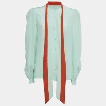 Pre Owned Givenchy Blue Silk Tie-Up Neck Shirt M
