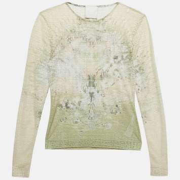 Pre Owned Givenchy Cream Monogram Sheer Jacquard Knit Long Sleeve Top S