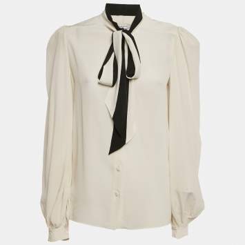Givenchy Off- White Silk Chiffon Contrast Neck Tie Detail Shirt M