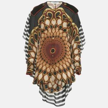 Pre Owned Givenchy Black Printed Silk Frill Back Open Blouse M