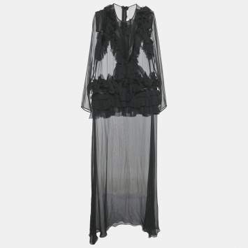Pre Owned Givenchy Black Frill & Zipper Detail Silk Sheer Maxi Dress L