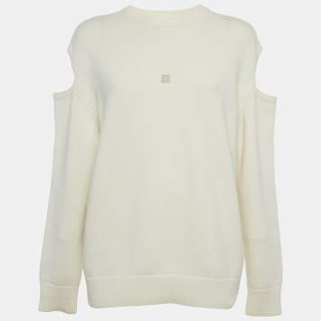 Pre Owned Givenchy Cream Logo Intarsia Wool & Cashmere Cold Shoulder Sweater S