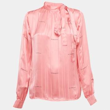 Pre Owned Givenchy Pink Logo Patterned Satin Long Sleeve Top S