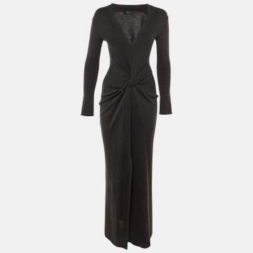 Pre Owned Givenchy Charcoal Grey Knit Front Knot Maxi Dress S 