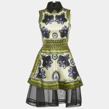 Pre Owned Givenchy Yellow Panther Print Satin Tulle Trim Short Dress S