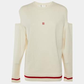 مملوكة مسبقًا Givenchy Cream/Red Logo Intarsia Wool Blend Cut Out Sleeve Detail Sweater S