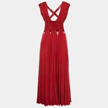 Pre Owned Givenchy Red Leather Trim Jersey Pleated Cut-Out Gown M