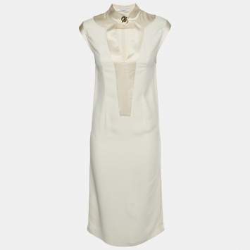 Pre Owned Givenchy Cream Satin Trim Crepe Sleeveless Midi Dress S