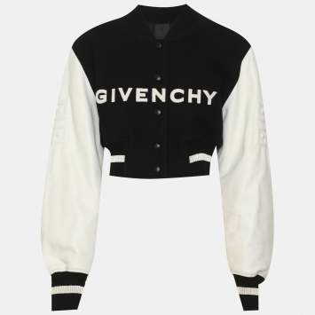 Pre Owned Givenchy White/Black Wool Blend and Leather Cropped Varsity Jacket S
