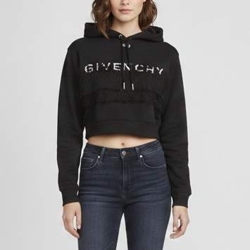 Pre Owned Givenchy Black Logo Embroidered Lace Trim Jersey Crop Hoodie S