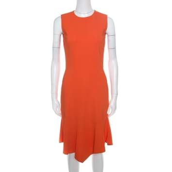 Pre Owned Givenchy Bright Orange Stretch Knit Sleeveless Asymmetric Hem Sheath Dress S