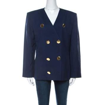 Pre Owned Givenchy Dark Blue Linen Padded Shoulder Double Breasted Jacket L 