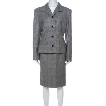 Pre Owned Givenchy Monochrome Prince of Whales Checked Wool Skirt Suit L