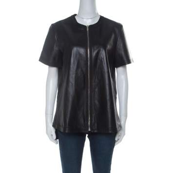Pre Owned Givenchy Black Lambskin Zip Front Short Sleeve Top L