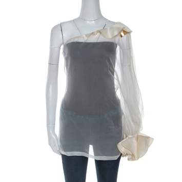 Pre Owned Givenchy Cream Silk Organza One Shoulder Blouse M