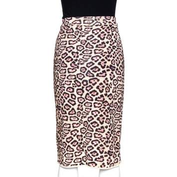 Pre Owned Givenchy Cream Leopard Print Knit Fitted Skirt M