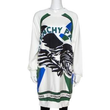 Pre Owned Givenchy Cream Flying Cat Print Cotton Sweater Dress S