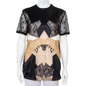 Pre Owned Givenchy Black Silk & Lace Paneled Shoulder Zip Detail Top S