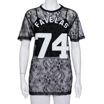 Pre Owned Givenchy Black Lace Favelas Applique Detail Short Sleeve Sheer Top S