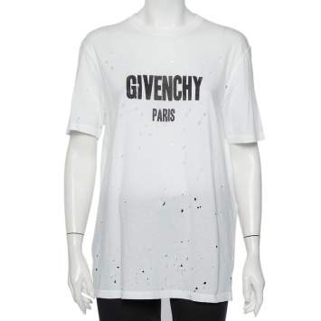 Pre Owned Givenchy White Logo Printed Cotton Distressed T-Shirt XS