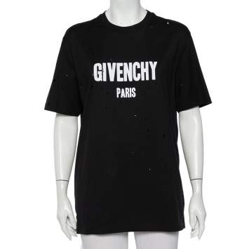 Pre Owned Givenchy Black Logo Printed Cotton Distressed T-Shirt S