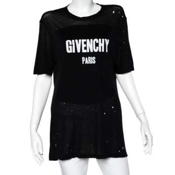 Pre Owned Givenchy Black Logo Printed Cotton Oversized Distressed T-Shirt M