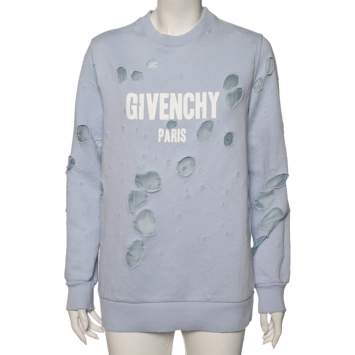 Pre Owned Givenchy Light Blue Cotton Logo Printed Distressed Oversized Sweatshirt XS
