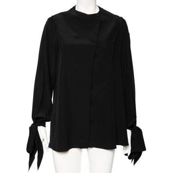 Pre Owned Givenchy Black Silk Sleeve Tie Detail Button Front Collarless Shirt M